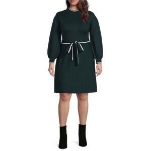 NWT Vince Camuto Plus Size Long Sleeve Tie Waist A-Line Sweater Dress in Spruce